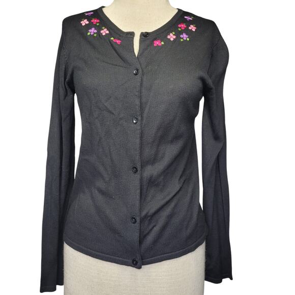 Talbots Black Cardigan with Embroidered Flowers Size 2 - Picture 1 of 4